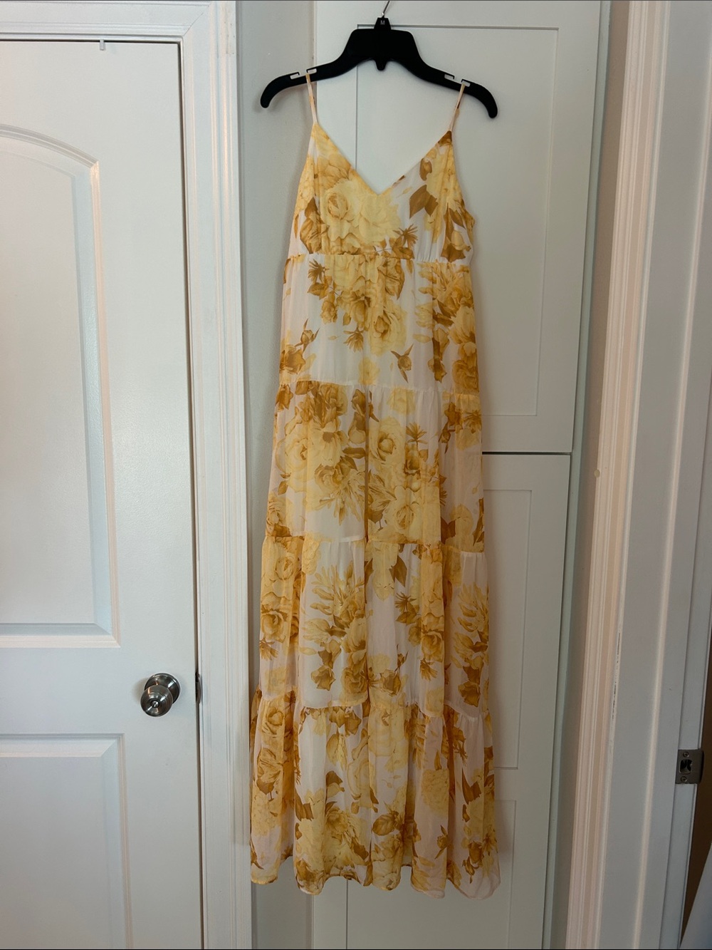 Express Yellow Floral Tiered Maxi Dress with Spaghetti Straps
